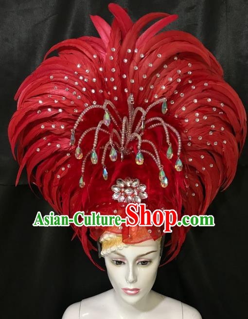 Brazilian Rio De Janeiro Carnival Red Feather Hair Accessories Samba Dance Catwalks Headdress for Women