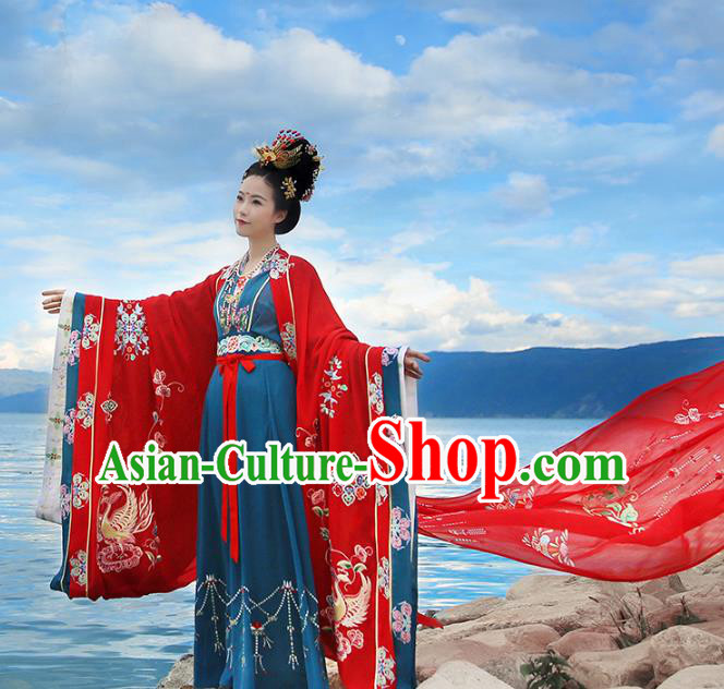 Chinese Ancient Bride Embroidered Costume Tang Dynasty Empress Wedding Hanfu Dress and Headpiece Jewelry for Palace Women