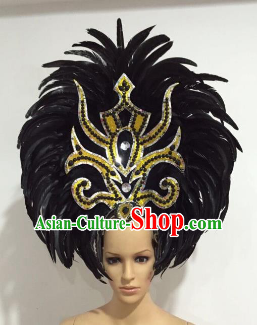 Brazilian Carnival Catwalks Black Ostrich Feather Headdress Rio Samba Dance Deluxe Hair Accessories for Women