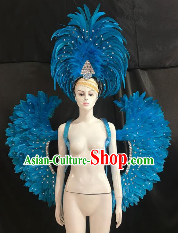 Brazilian Rio Carnival Samba Dance Blue Feather Wings and Headwear for Adults