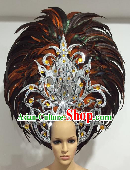 Brazilian Carnival Catwalks Black and Orange Feather Peacock Headdress Rio Samba Dance Deluxe Hair Accessories for Women