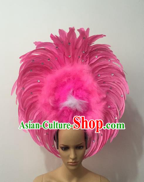 Handmade Catwalks Hair Accessories Brazilian Rio Carnival Samba Dance Pink Feather Headdress for Women