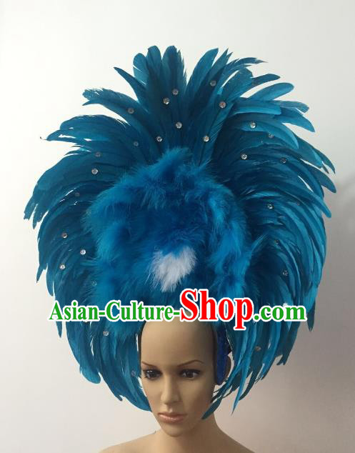 Handmade Catwalks Hair Accessories Brazilian Rio Carnival Samba Dance Blue Feather Headdress for Women