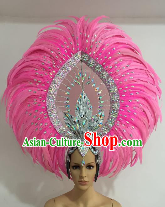 Brazilian Carnival Catwalks Pink Feather Diamante Headdress Rio Samba Dance Deluxe Hair Accessories for Women