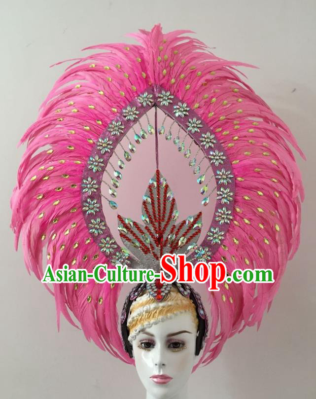 Brazilian Carnival Catwalks Pink Feather Headdress Rio Samba Dance Deluxe Diamante Hair Accessories for Women