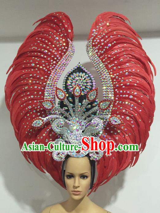 Top Grade Brazilian Carnival Catwalks Red Feather Headdress Rio Samba Dance Miami Deluxe Hair Accessories for Women