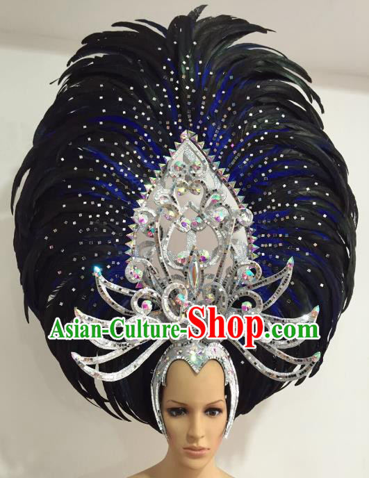 Top Grade Brazilian Carnival Catwalks Black Feather Headdress Rio Samba Dance Miami Deluxe Hair Accessories for Women