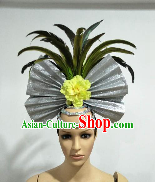 Top Grade Brazilian Carnival Catwalks Green Feather Headdress Rio Samba Dance Miami Deluxe Hair Accessories for Women