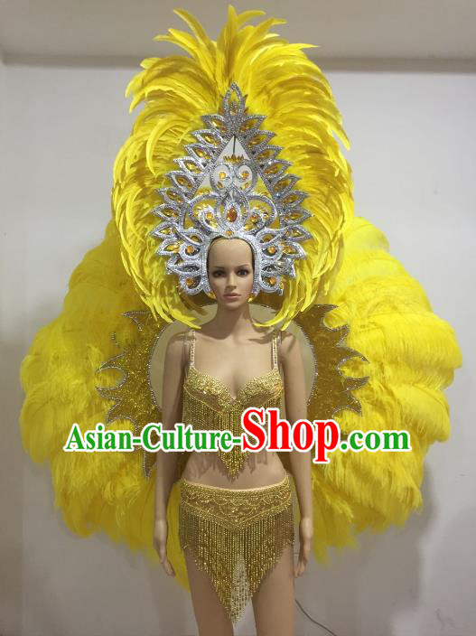 Top Grade Catwalks Costumes Brazilian Carnival Samba Dance Yellow Feather Wings Swimsuit and Headdress for Women