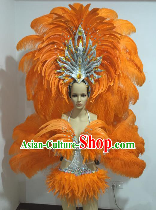 Top Grade Catwalks Costumes Brazilian Carnival Samba Dance Orange Feather Swimsuit and Wings for Women