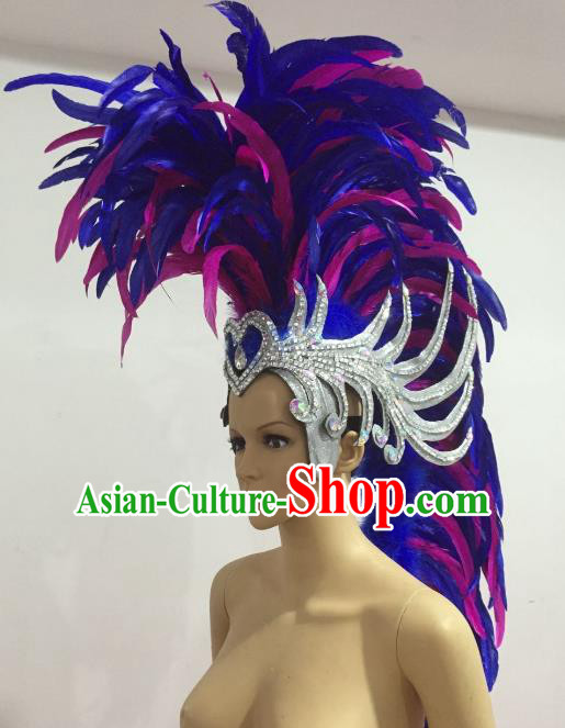 Brazilian Carnival Rio Samba Dance Blue and Rosy Feather Headdress Miami Catwalks Deluxe Hair Accessories for Men