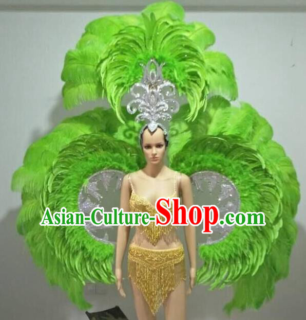 Top Grade Catwalks Costumes and Accessories Brazilian Carnival Samba Dance Green Feather Swimsuit and Wings for Women