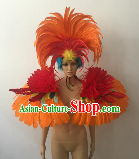Brazilian Rio Carnival Samba Dance Props Catwalks Orange Feather Headdress for Adults