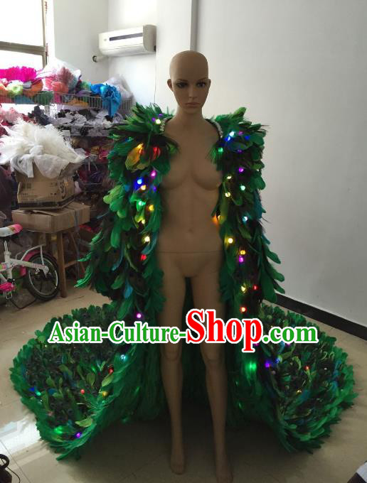 Brazilian Rio Carnival Samba Dance Costumes Catwalks Green Feather Trailing LED Clothing for Women