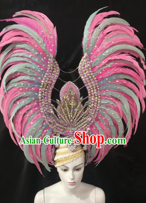 Brazilian Rio Carnival Samba Dance Deluxe Pink and Green Feather Headdress Stage Performance Hair Accessories for Women