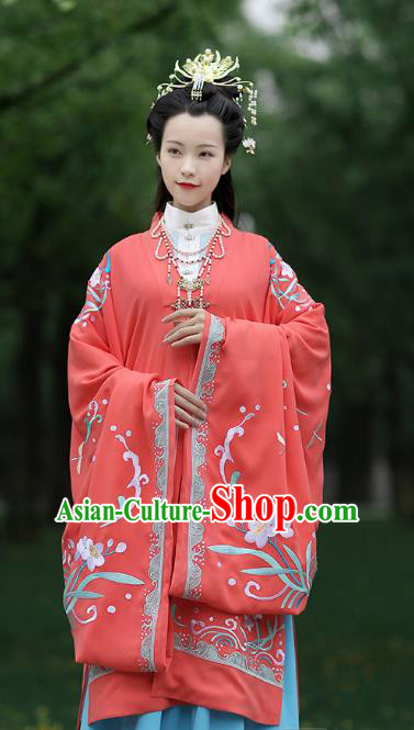 Chinese Ancient Nobility Female Red Hanfu Dress Ming Dynasty Imperial Consort Embroidered Costumes and Hair Accessories for Women