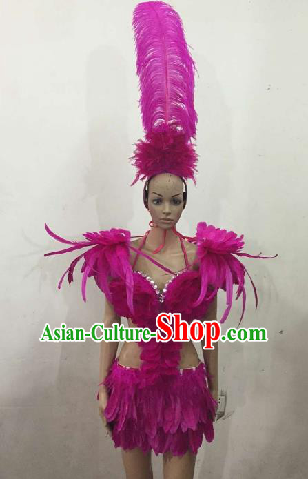 Brazilian Rio Carnival Samba Dance Costumes Catwalks Purple Feather Swimsuit and Headdress for Women