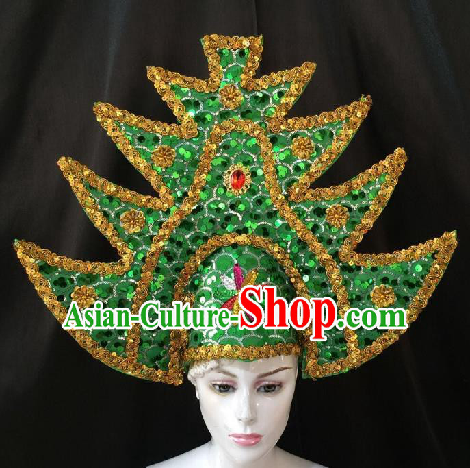 Professional Samba Dance Hair Accessories Brazilian Rio Carnival Green Sequins Headdress for Women