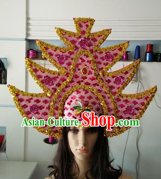 Professional Samba Dance Hair Accessories Brazilian Rio Carnival Pink Sequins Headdress for Women