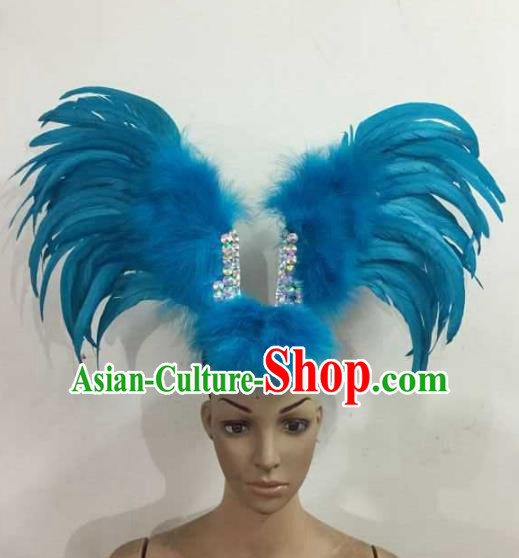 Professional Halloween Samba Dance Blue Feather Hair Accessories Brazilian Rio Carnival Headdress for Women