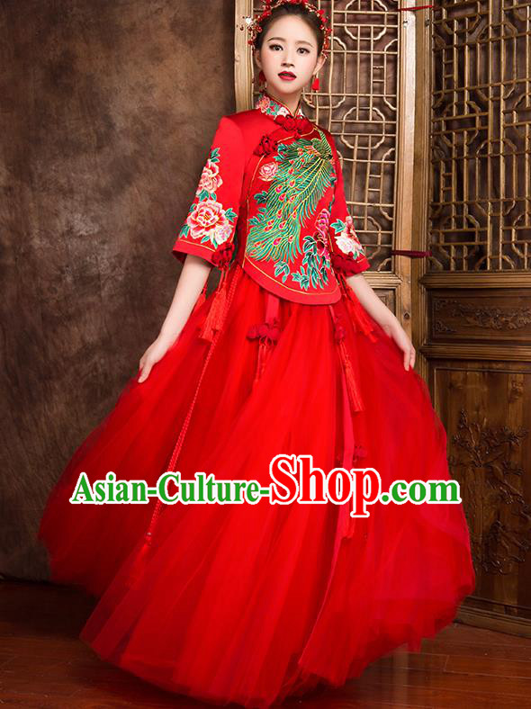 Traditional Chinese Bridal Costumes Ancient Bride Wedding Embroidered Phoenix XiuHe Suit for Women