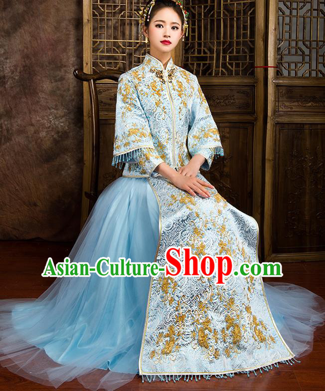 Traditional Chinese Bridal Costumes Ancient Bride Wedding Embroidered Beading Blue XiuHe Suit for Women
