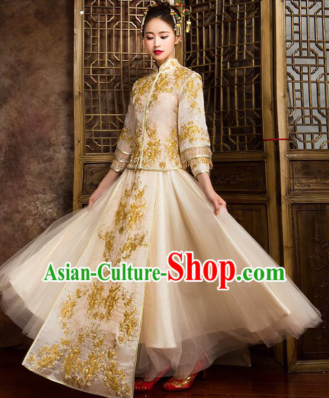 Traditional Chinese Bridal Costumes Ancient Bride Wedding Embroidered Beading Golden XiuHe Suit for Women