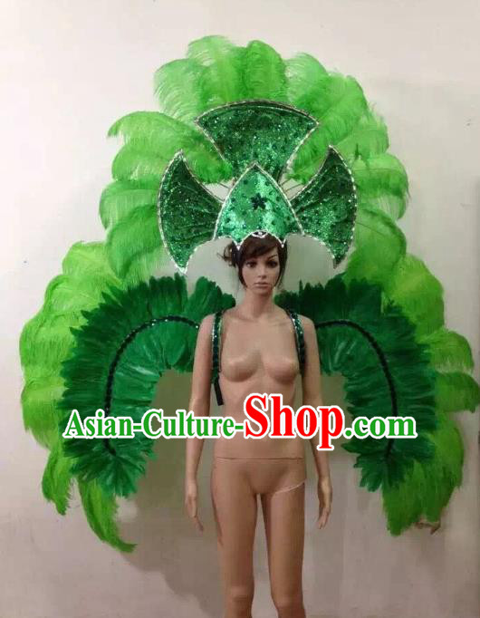 Customized Halloween Catwalks Props Brazilian Rio Carnival Samba Dance Green Feather Deluxe Wings and Headwear for Women