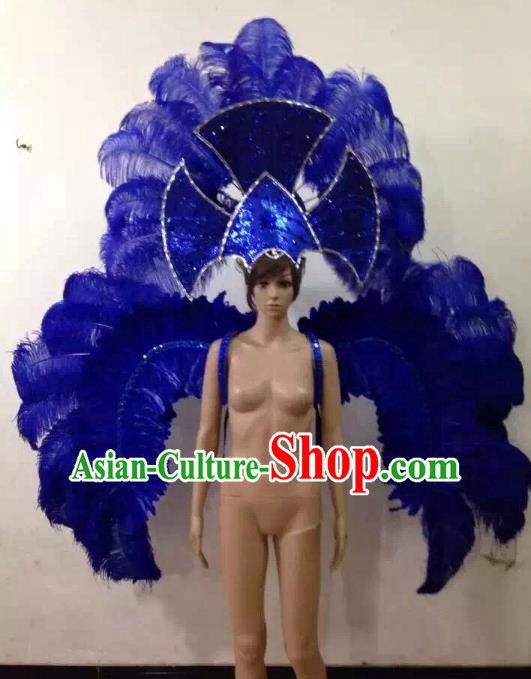 Customized Halloween Catwalks Props Brazilian Rio Carnival Samba Dance Royalblue Feather Deluxe Wings and Headwear for Women