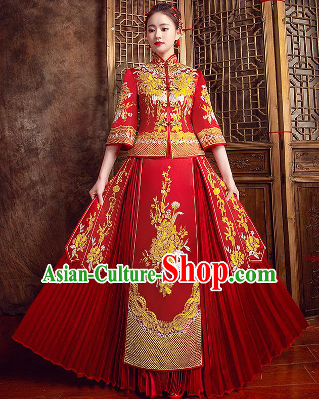Traditional Chinese Bridal Costumes Ancient Bride Red Toast Clothing Wedding Embroidered Peony XiuHe Suit for Women