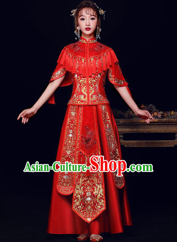 Traditional Chinese Bridal Costumes Ancient Bride Red Embroidered Longfeng Flown Wedding Diamante XiuHe Suit for Women
