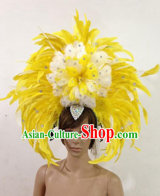 Professional Halloween Catwalks Samba Dance Yellow Feather Hair Accessories Brazilian Rio Carnival Headdress for Women