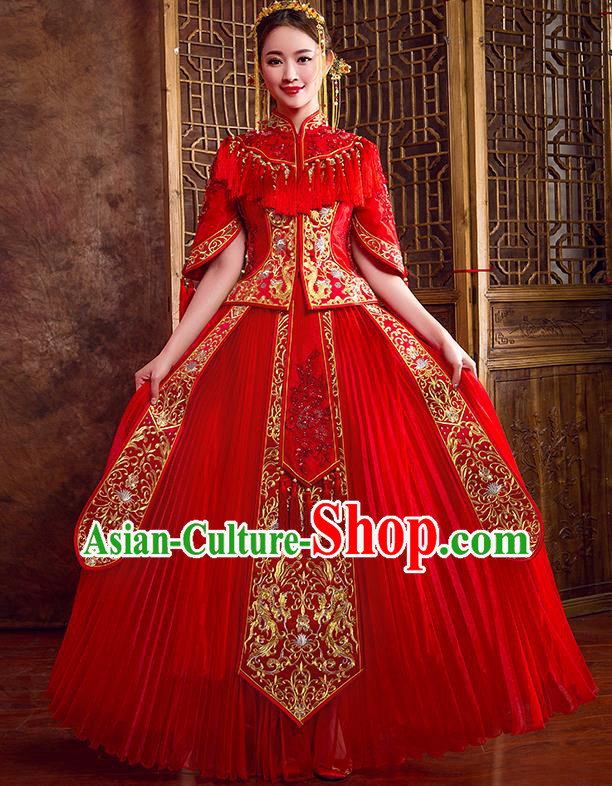 Traditional Chinese Wedding Bridal Costumes Ancient Bride Red Embroidered Full Dress XiuHe Suit for Women
