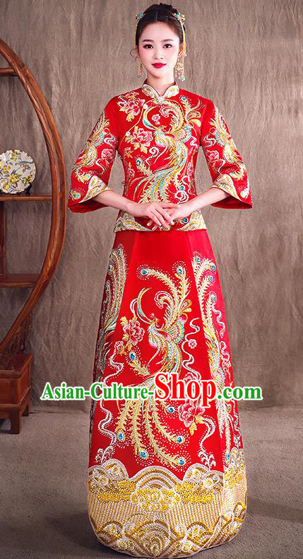 Traditional Chinese Wedding Bridal Costumes Ancient Bride Red Embroidered Phoenix Full Dress XiuHe Suit for Women