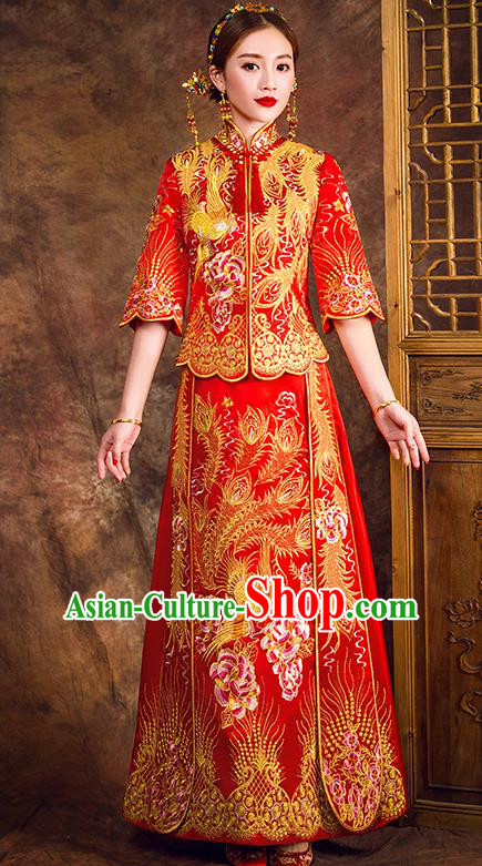 Traditional Chinese Female Wedding Costumes Ancient Embroidered Peony Full Dress Red XiuHe Suit for Bride