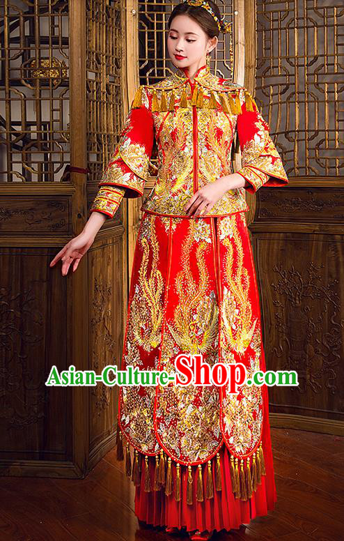 Traditional Chinese Female Wedding Costumes Ancient Embroidered Diamante Full Dress Red XiuHe Suit for Bride
