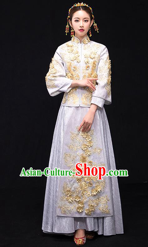 Traditional Chinese Female Wedding Costumes Ancient Embroidered White Full Dress XiuHe Suit for Bride