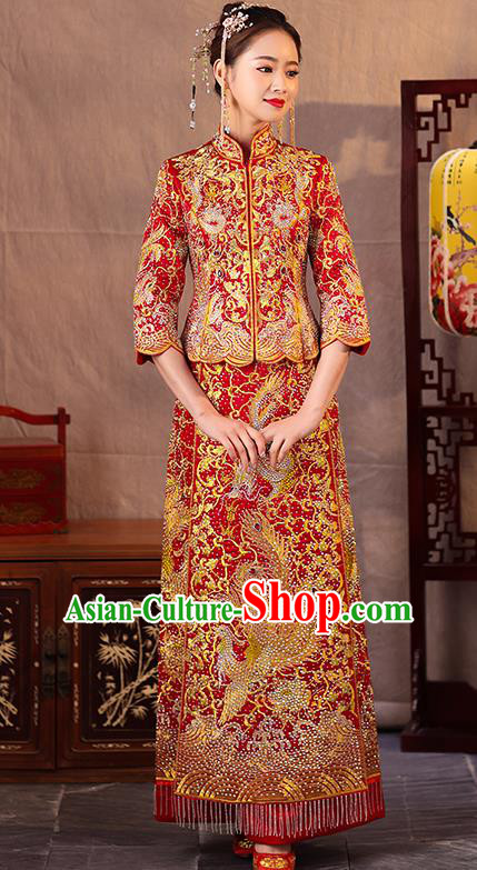 Traditional Chinese Style Female Wedding Costumes Ancient Embroidered Dragon Phoenix Red Full Dress XiuHe Suit for Bride