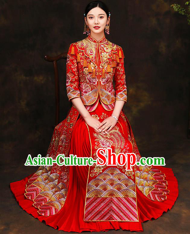 Traditional Chinese Style Female Wedding Costumes Ancient Embroidered Phoenix Peony Red Full Dress XiuHe Suit for Bride