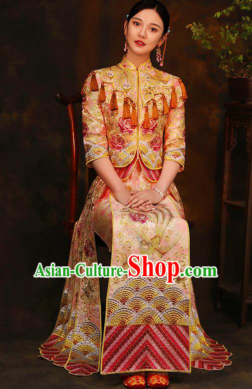 Traditional Chinese Style Female Wedding Costumes Ancient Embroidered Phoenix Peony Pink Full Dress XiuHe Suit for Bride