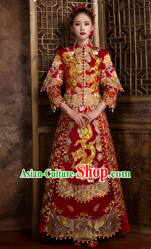Traditional Chinese Bridal Costumes Ancient Bride Wedding Embroidered Pearls XiuHe Suit for Women