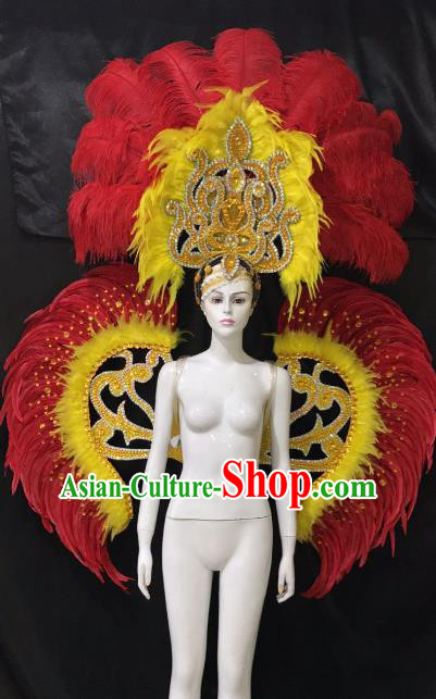 Customized Halloween Catwalks Props Brazilian Rio Carnival Samba Dance Red Feather Deluxe Wings and Headwear for Women