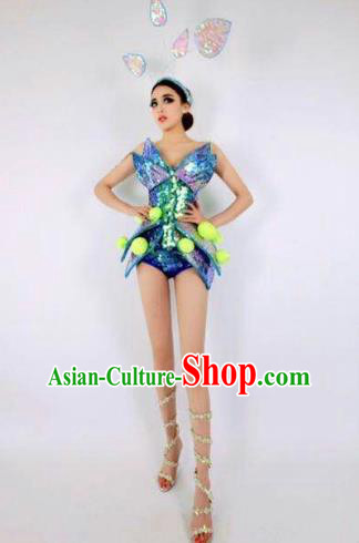 Top Grade Catwalks Blue Costume Halloween Stage Performance Brazilian Carnival Clothing for Women