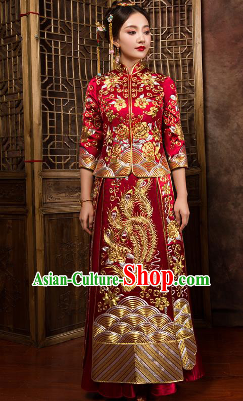Chinese Traditional Wedding Dress Ancient Bride Embroidered Phoenix Red Xiuhe Suit for Women