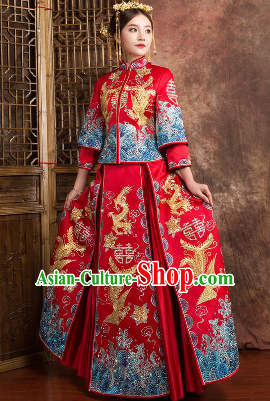 Chinese Traditional Wedding Dress Ancient Bride Embroidered Dragon Phoenix Diamante Xiuhe Suit for Women
