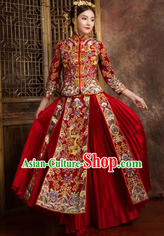 Chinese Traditional Wedding Costumes Ancient Bride Embroidered Dragon Peony Diamante Xiuhe Suit for Women