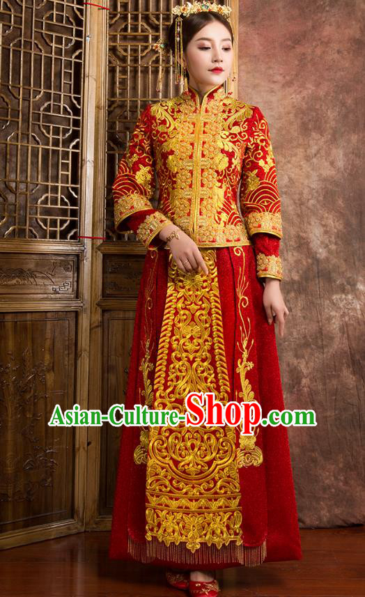 Chinese Traditional Wedding Costumes Ancient Bride Embroidered Red Xiuhe Suit for Women