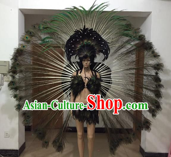 Brazilian Rio Carnival Samba Dance Costumes Catwalks Peacock Feather Swimwear and Wings for Women