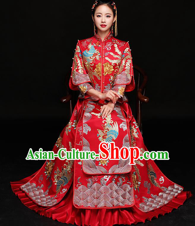 Traditional Chinese Female Wedding Red Costumes Ancient Embroidered Phoenix Bottom Drawer XiuHe Suit for Bride