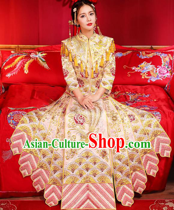 Traditional Chinese Female Wedding Costumes Ancient Embroidered Peony Pink Bottom Drawer XiuHe Suit for Bride